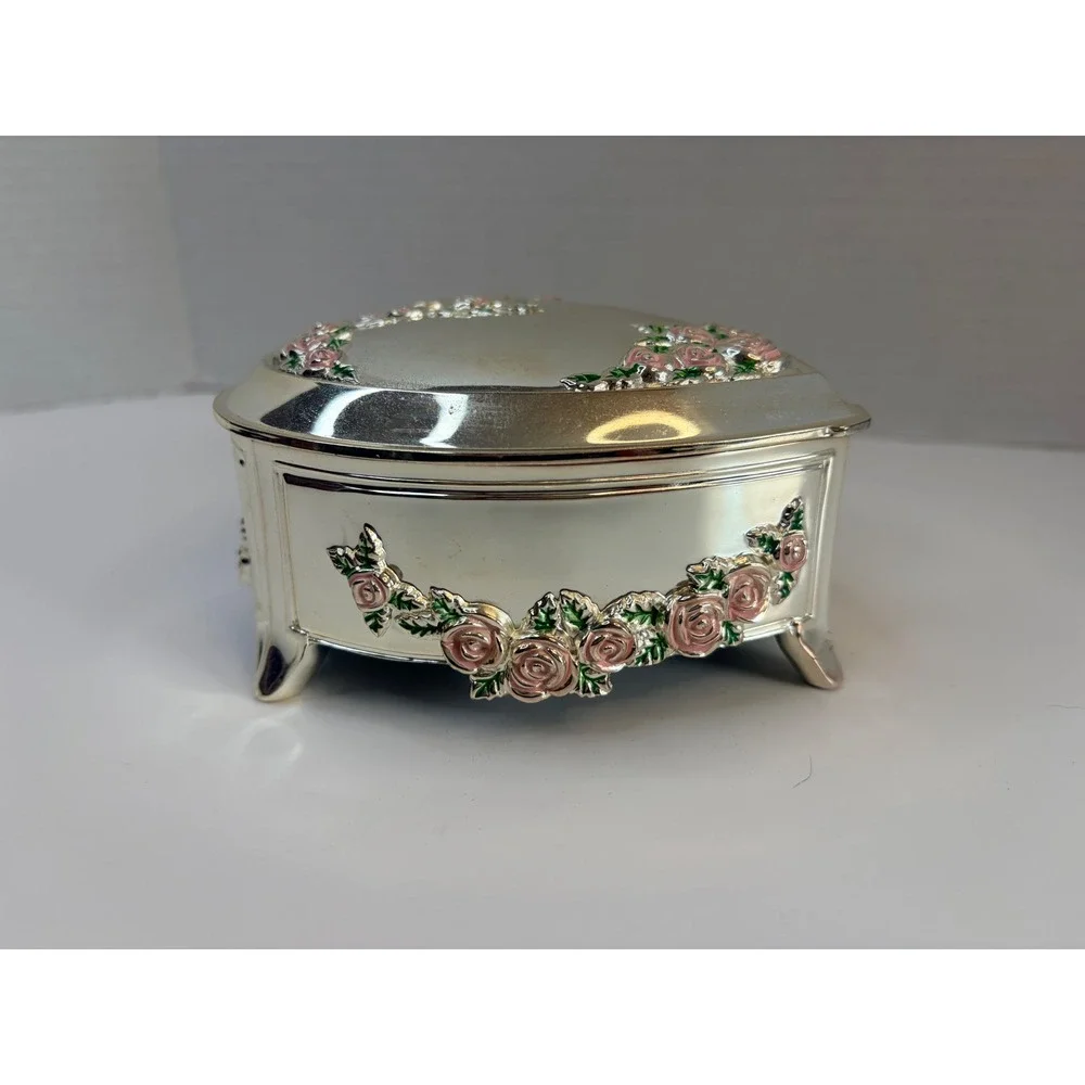 Vtg Silver Heart Jewelry Box Pink Enameled Rose Footed Trinket Case Girly Vanity
